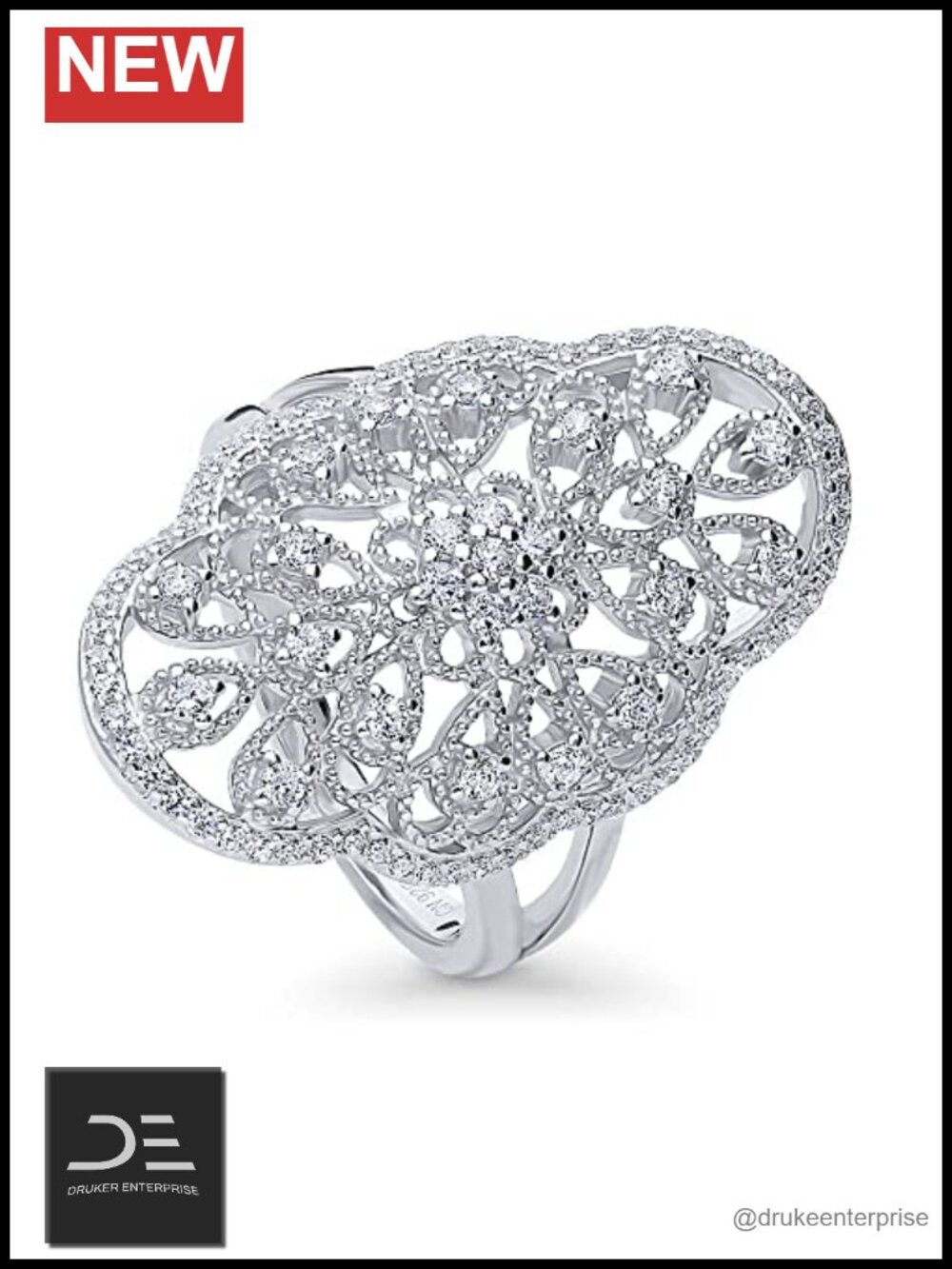 Sterling Silver Flower Art Deco Statement Ring CZ Cubic Zirconia